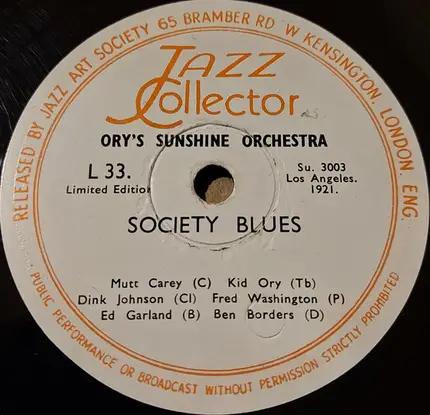 Ory's Sunshine Orchestra - Ory's Creole Trombone / Society Blues