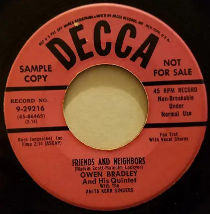Owen Bradley And His Quintet - Friends And Neighbors / Happy Days And Lonely Nights