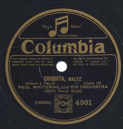 Paul Whiteman And His Orchestra - 'Taint So, Honey, 'Taint So / Chiquita