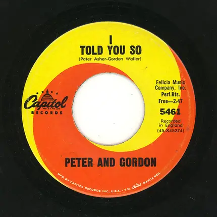 Peter & Gordon - To Know You Is To Love You b/w I Told You So