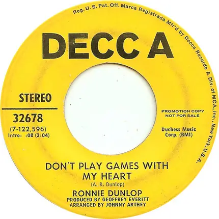 Ronnie Dunlop - It Would Take A Lifetime To Explain / Don't Play Games With My Heart