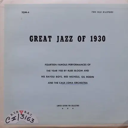 Rube Bloom And His Bayou Boys , Red Nichols , Gil Rodin And Casa Loma Orchestra - Great Jazz of 1930