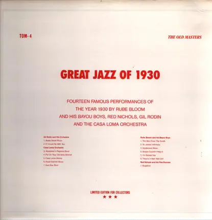 Rube Bloom And His Bayou Boys , Red Nichols , Gil Rodin And Casa Loma Orchestra - Great Jazz of 1930