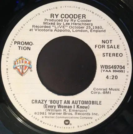 Ry Cooder - Crazy 'Bout An Automobile (Every Woman I Know)