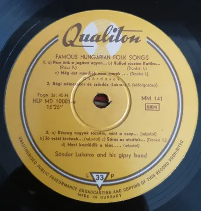 Sándor Lakatos And His Gipsy Band - Famous Hungarian Folk Songs