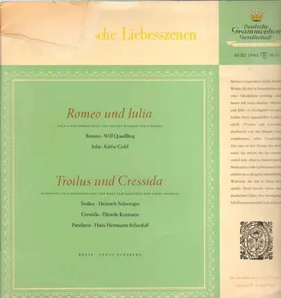 Shakespeare/ K. Gold, W. Quadlieg, H. Schweiger, E. Kuzmany, H. Herrmann-Schaufuß - Shakespeare'sche Liebesszenen  : Romeo und Julia * Troilus und Cressida