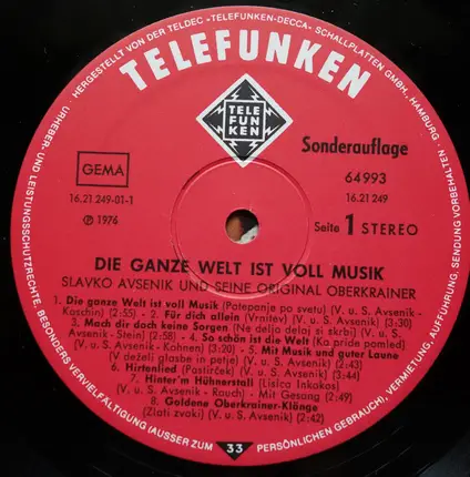 Slavko Avsenik Und Seine Original Oberkrainer - Die Ganze Welt Ist Voll Musik